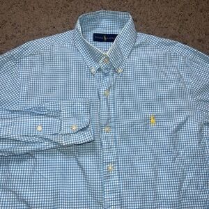 Ralph Lauren Men's M 100% Cotton Stretch Light Blue Plaid Button Up Shirt